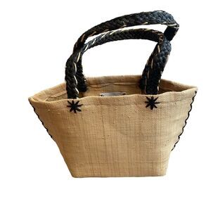 Annabel Ingal 100% Raffia Tote Bag Tan With Black Handles Handmade in Madagascar